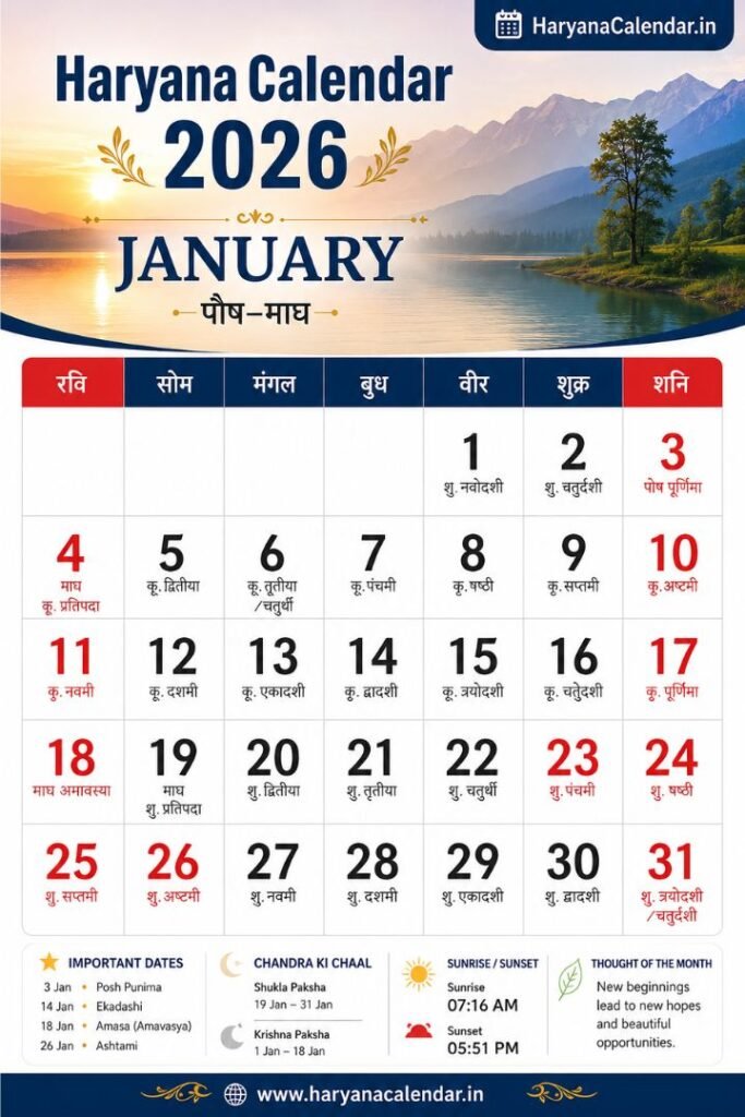 Haryana Calendar 2026 January