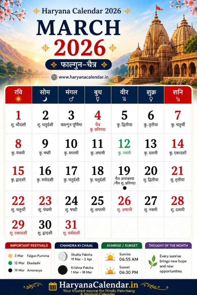 Haryana Calendar March 2026