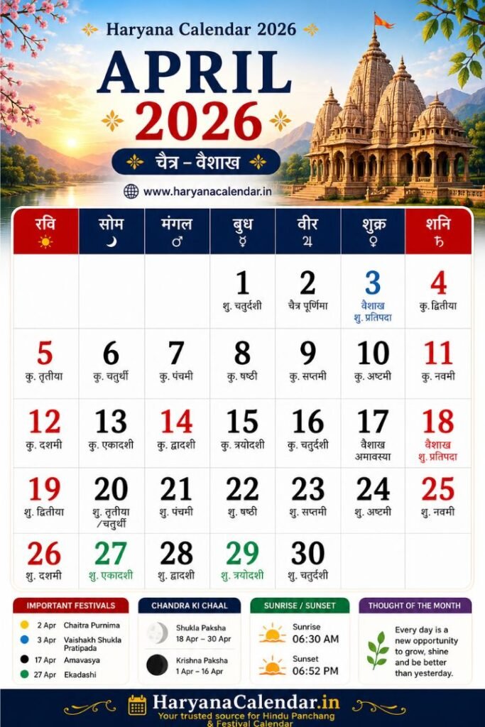 Haryana Calendar April 2026