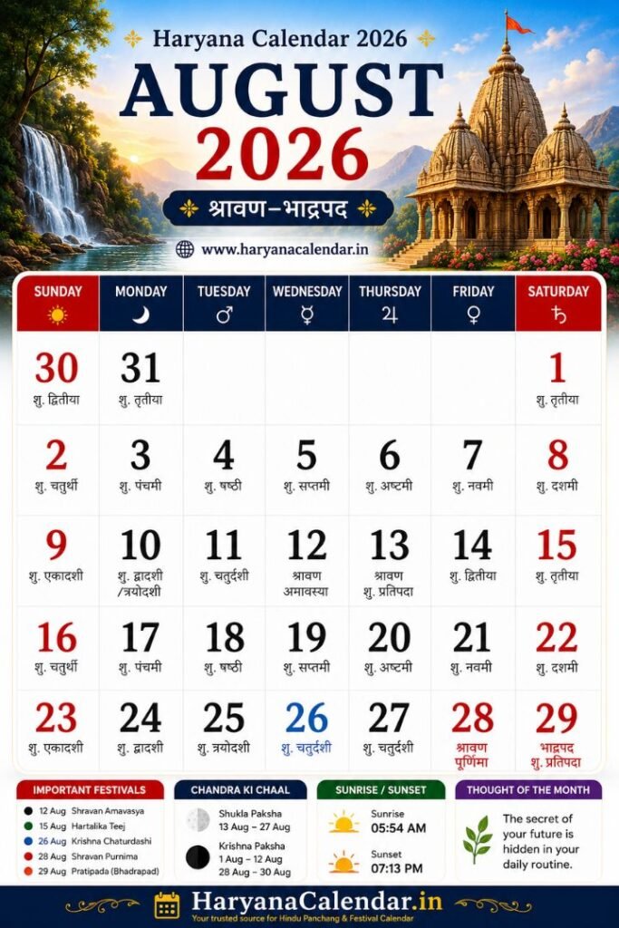 Haryana Calendar August 2026
