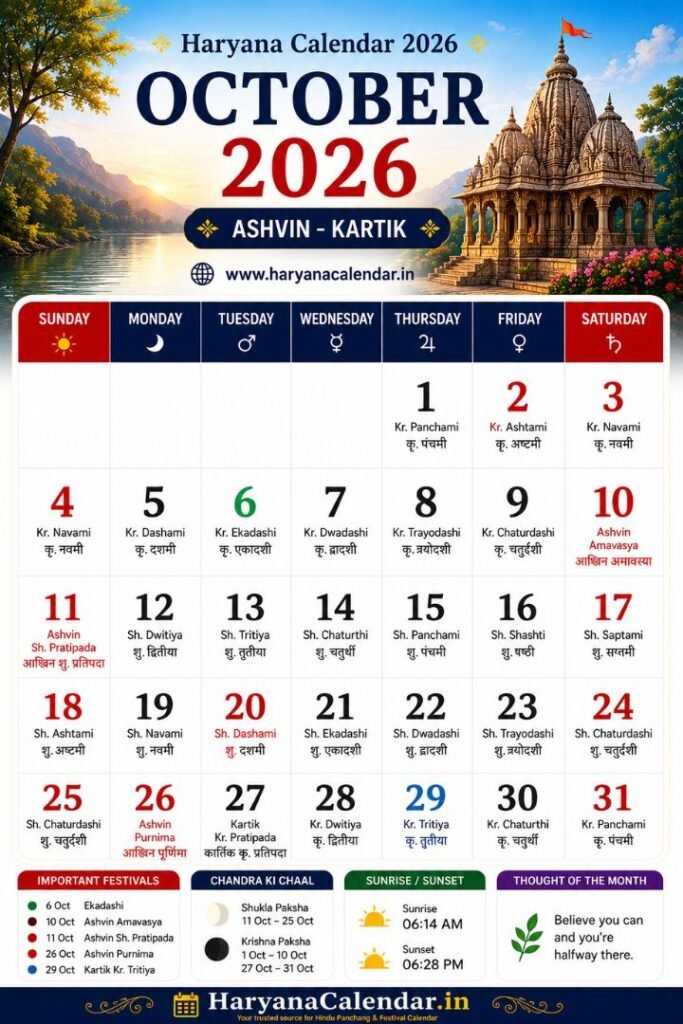 Haryana Calendar October 2026