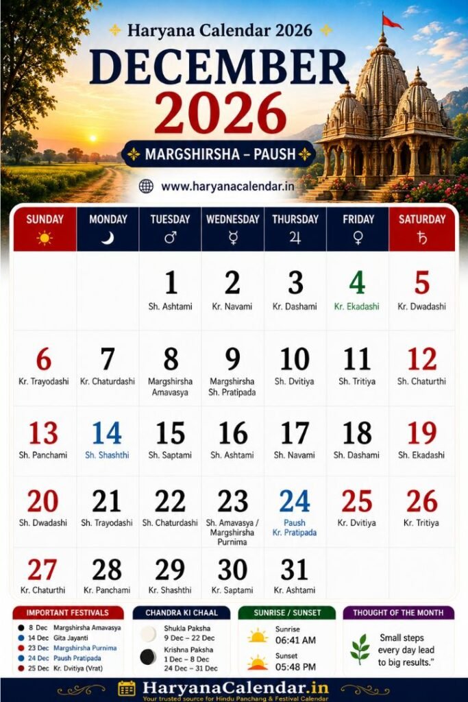Haryana Calendar December 2026